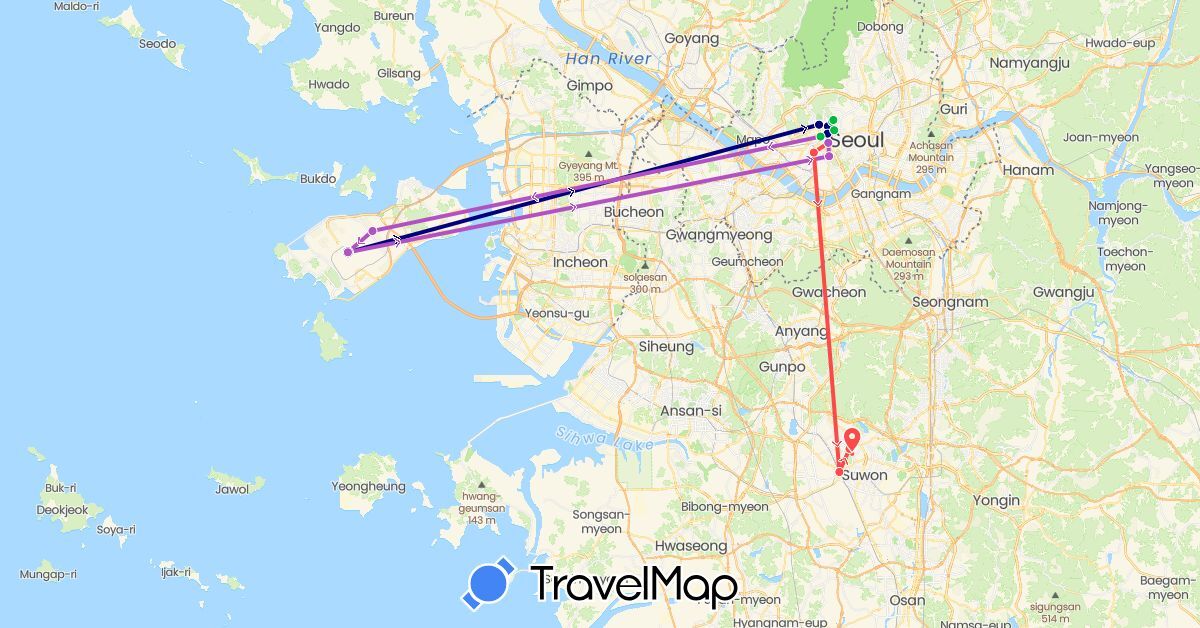 TravelMap itinerary: driving, bus, train, hiking in South Korea (Asia)